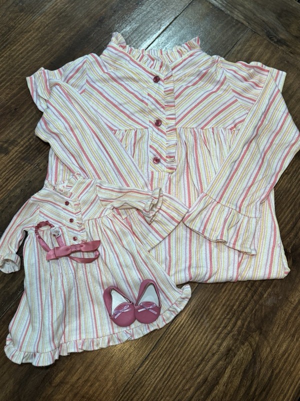 American Girl Kit’s Striped PJ Set – GIRLS Size M & DOLL Gown!  RETIRED 2015!