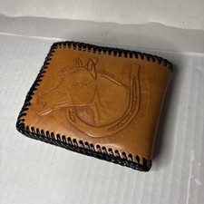 Genuine Leather Cowboy Horse Wallet HZ Embosses Thick Stitch Brown Black Western