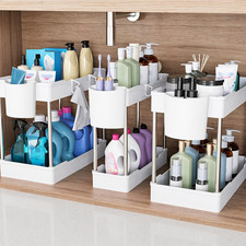 3 Pack Under Sink Organizers and Storage, 2 Tier Bathroom Cabinet Organizer Shel
