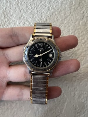 Vintage Glycine GMT 2000 Swiss Made Quartz 24-Hour Date Black Dial Two-Tone RARE