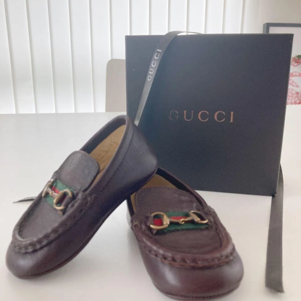 GUCCI Bebé Primeros Zapatos Mocasines Horsebit Web Rayas Cuero Marrón Talla 18 con Caja Foto 2 de 4