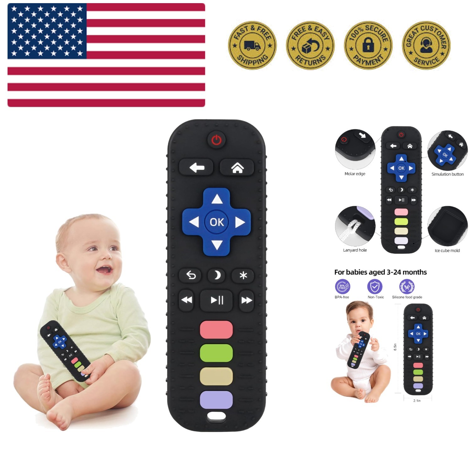 Baby Teether Toy Chew Toys for Babies 3-24  TV Remote Control Shape Teething ...