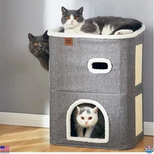 CATBOAT 2-Tier Indoor Cat Condo - Grey Cat House with Hideaway Cave & Scratch