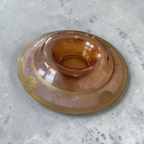 VTG Pink Depression Glass Chip & Dip Set / Console Bowl Etched Scroll Rim