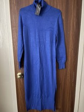 Blue Knit Sweater Dress Midi Turtleneck Long Sleeve Side Slit Size M Women