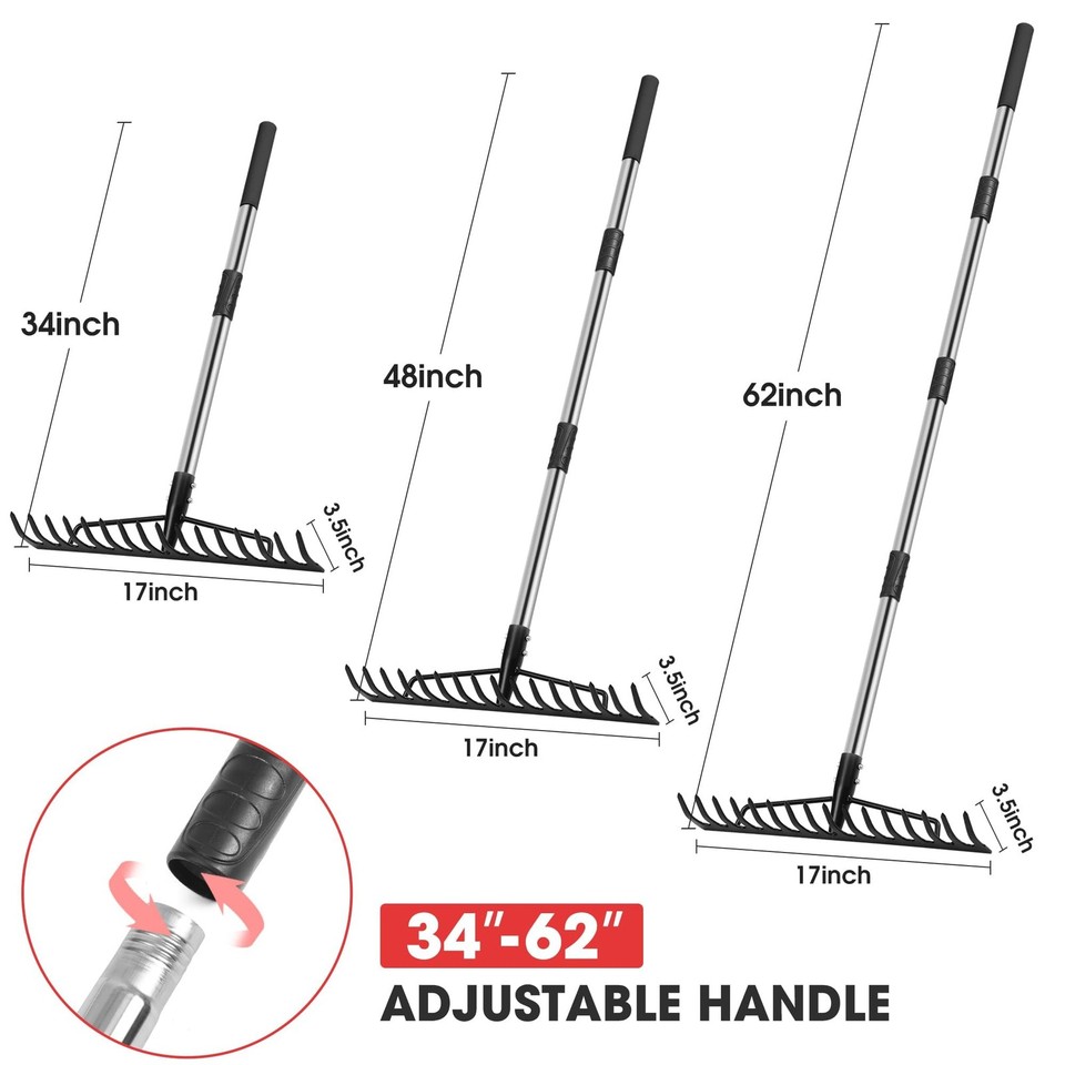 5.2FT Garden Rake, 16 Tines Metal Rakes with Adjustable Stainless Steel ...