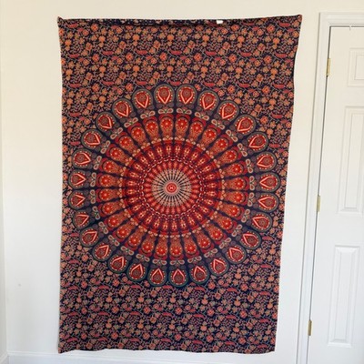 Mandala Multicolored Tapestry 100% Cotton Made in India Navy Red Orange Boho