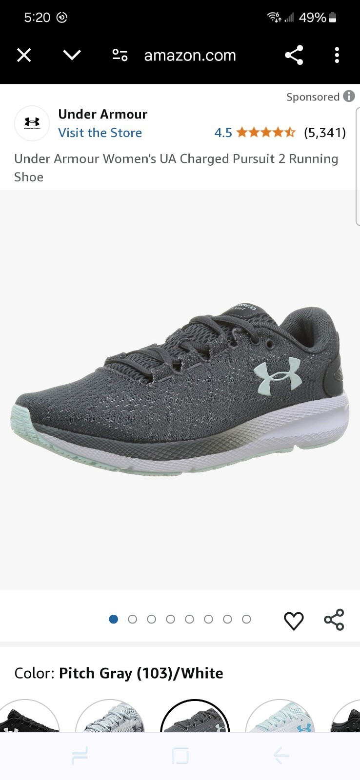 Under Armour Women's UA Charged Pursuit 2 Running Shoe Gray Sneaker Size 8.5 thumbnail 11
