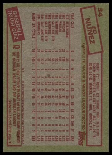 1985 Topps #34 Ed Nunez - Picture 2 of 2