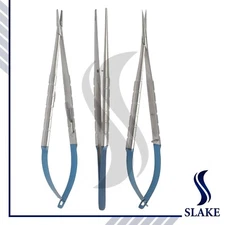 3 CASTROVIEJO Scissors Needle Holder Curved TC Forceps Dental Eye Set KIT Blue