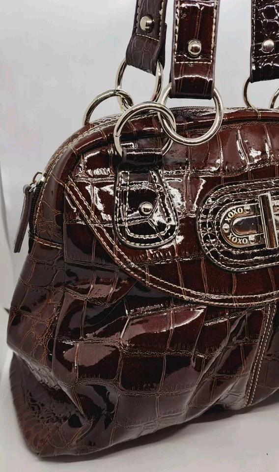 Brown PATENTED Leather Shiny Croc Purse Handbag O-ring Zipper Closure - Image 4 of 4