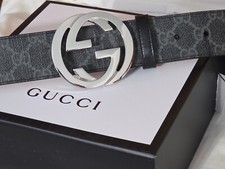 Gucci Black Canavs Monogram Belt Silver GG Size 34-36