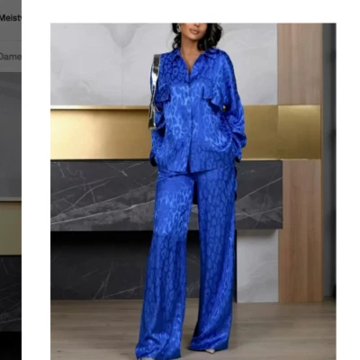 Damen Satin Hosenanzug Anzug 2 Teiler Blau Leopard   , gr L  40 / 42 Neu - Bild 1 von 4