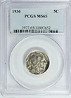 1936 Buffalo Nickel Coin 5c PCGS MS-65