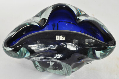 Vintage Otis Elevators Advertisement Deep Navy Blue Glass Ashtray/Bowl Art Deco