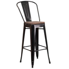 30" Industrial Black Antique Gold Metal Bar Height Restaurant Stool w/Wood Seat