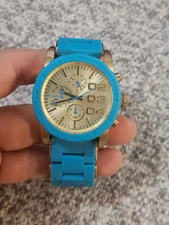 Diesel Yellow Gold IP SS Blue Rubber Chronograph DZ5360 $240 Watch WOMENS.