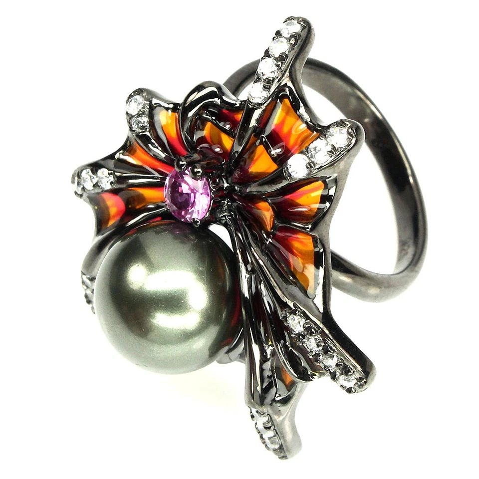 Anillo de plata de ley 925 redondo perla negra 11 mm circonita simulada araña joyería 7,5 Foto 3 de 4