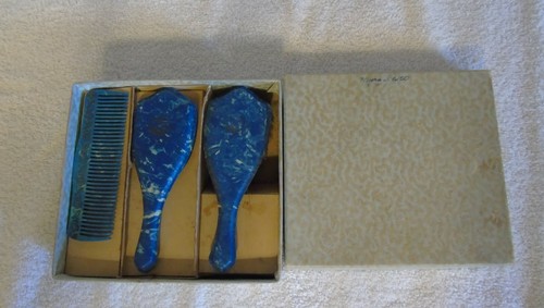 Mini Kinder Kommode Set Bürste Kamm Spiegel IOB Verkäufer Muster blau meliert - Bild 1 von 10