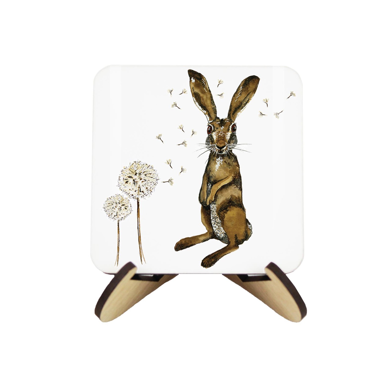 Hares Cork Coasters & Stand Set - Square Painted Wildlife & Dandelions Gift