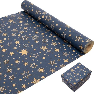 LZRINUE 43cm×20M Birthday Gift Wrapping Paper Roll, Kraft Blue Star