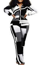 Women  s Black, White, Gray Geometric Tracksuit Size Large