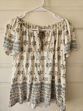 Lucky Brand Women's Sm Boho Peasant Blouse Floral Tassel Tie Flowy Festival Top