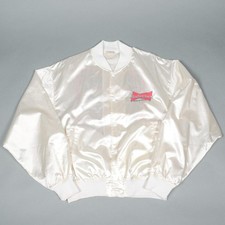 Vintage 1990s Budweiser King of Beers White Snap Button Satin Jacket Medium