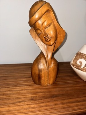 Vintage 60s Mid Century Modern Carved Teak Wood Sculpture Lady Madonna