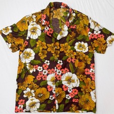 Vintage Hawaiian Aloha Shirt Mens L Brown Floral Tropical Camp Collar 70s