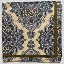 Vintage Handkerchief Yellow Cotton Blue Olive Damask Medallion Pocket Square 18"