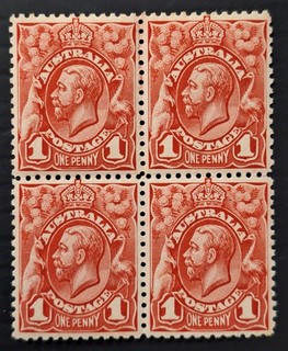 1913 Australia Blk 4x1d Carmine red Engraved KGV stanps P11 No WMK MUH $60.00