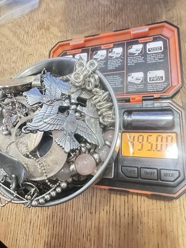 ESTATE STERLING SILVER RING BROOCH NECKLACE 495g JEWELRY SCRAP & RESELL LOT 1