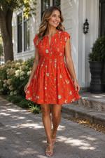 Free People Dress Womens XS Greatest Day Smocked Button Down Orange Floral Mini