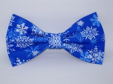 Christmas Bow tie, Holiday Winter White Snowflakes on Blue, Fun Pre-tied Bow tie