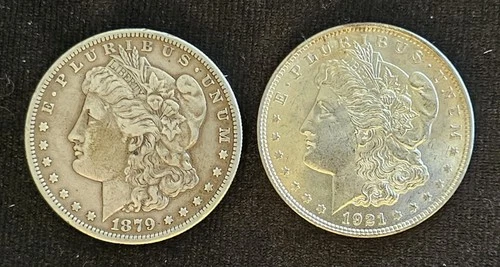 2 American Silver Morgan Dollar Coins 1879 S & 1921 Bullion Estate Fresh