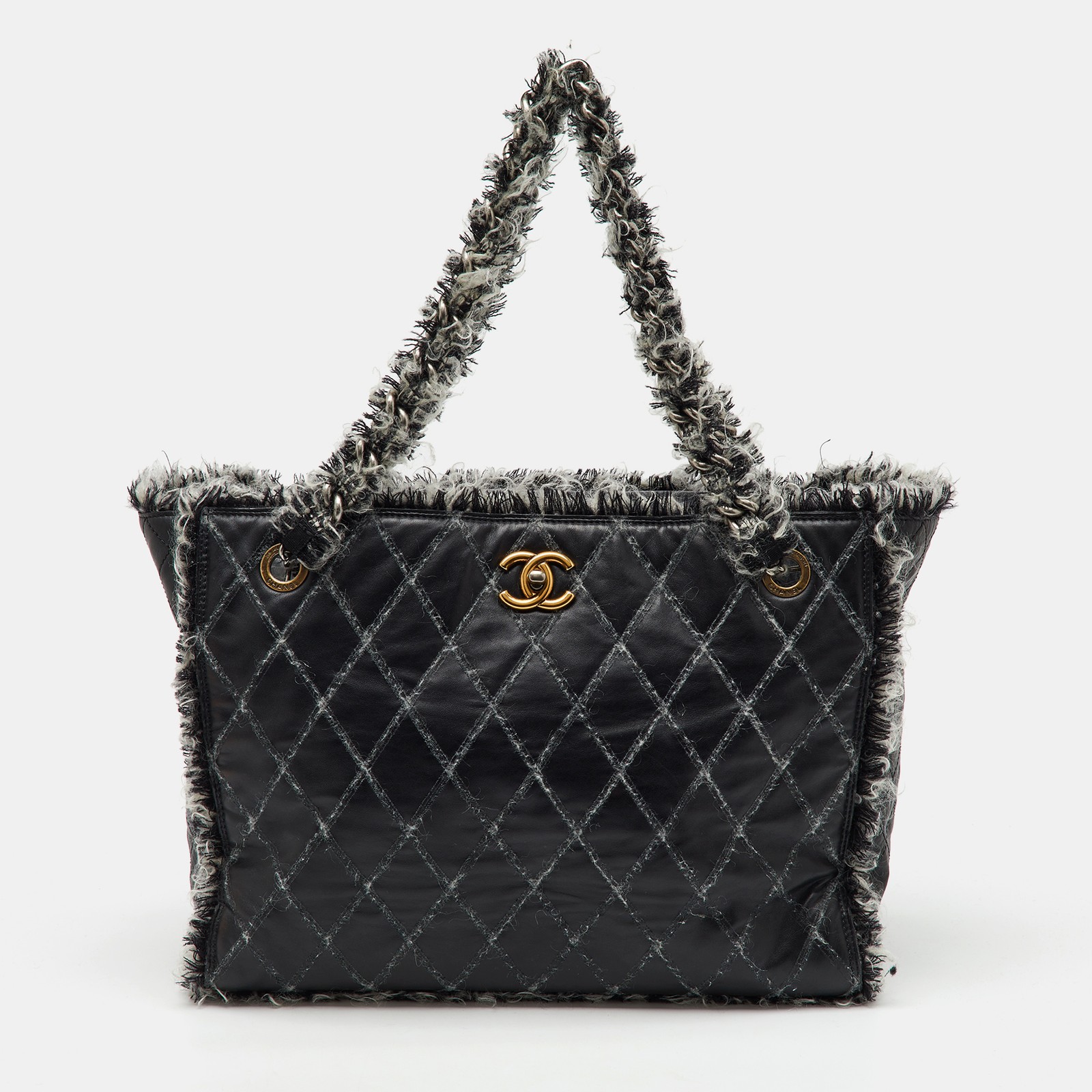 Chanel Black Quilted Leather Funny Tweed CC Shopper Tote Bag