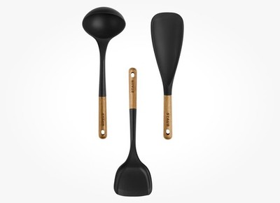 Staub Cooking Utensil 3 Piece Set with Wood Handle Matte Black