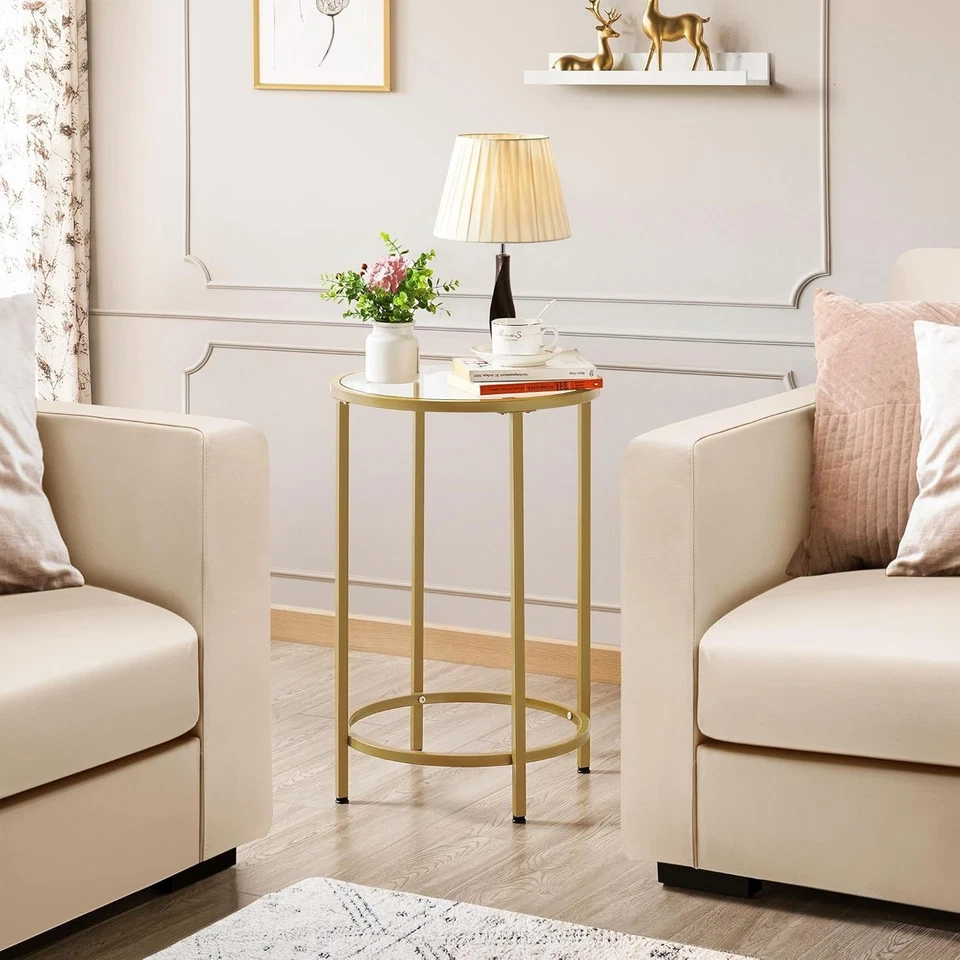 Set of 2 Modern Round Glass Top Side Tables, Gold Metal Frame, 40.5cm - Image 2 of 4