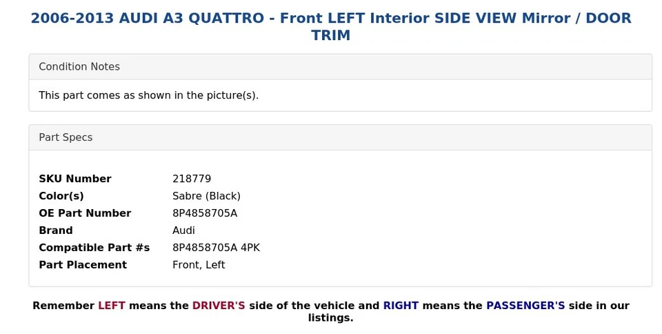 2006-2013 AUDI A3 QUATTRO - переднее левое внутреннее зеркало бокового обзора / отделка двери - Изображение 4 из 4