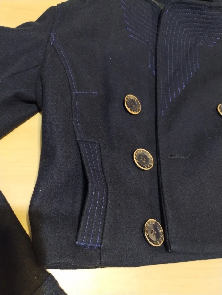 Guess Crop Pea Coat Women's Sz L Blue Lined Y2K Wool Blend Double Breast - Image 3 of 4