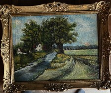 Häuser am Wiesenbach. Expressionistisches Ölbild.  Von P. Meis Öl.Keilrah.Leinw