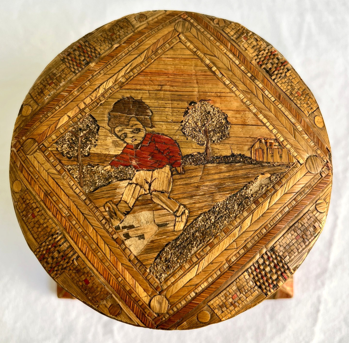 Vintage Handmade Straw Work Wood Marquetry Sewing Box Folk Art One of a Kind