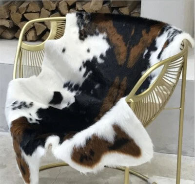 Cowhide Area Rug Large Tricolor Cowskin Faux Cow Hide Leather Carpet 3.6x2.8ft