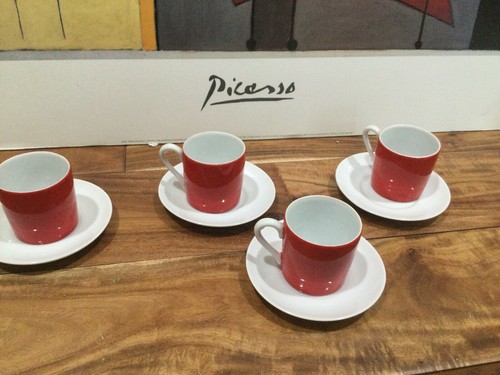 9 pc red/white Porcelain Espresso 4 Cups & 5 Saucers Otagiri OMC Japan NEW - Picture 8 of 8