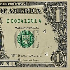 Allen KY Zip Code 41601 Fancy Serial Number One Dollar Bill D00041601A DC 2017