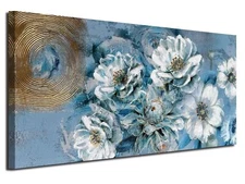 Ardemy Teal Flowers Canvas Wall Art Magnolia White Floral Picture Gold Textur...