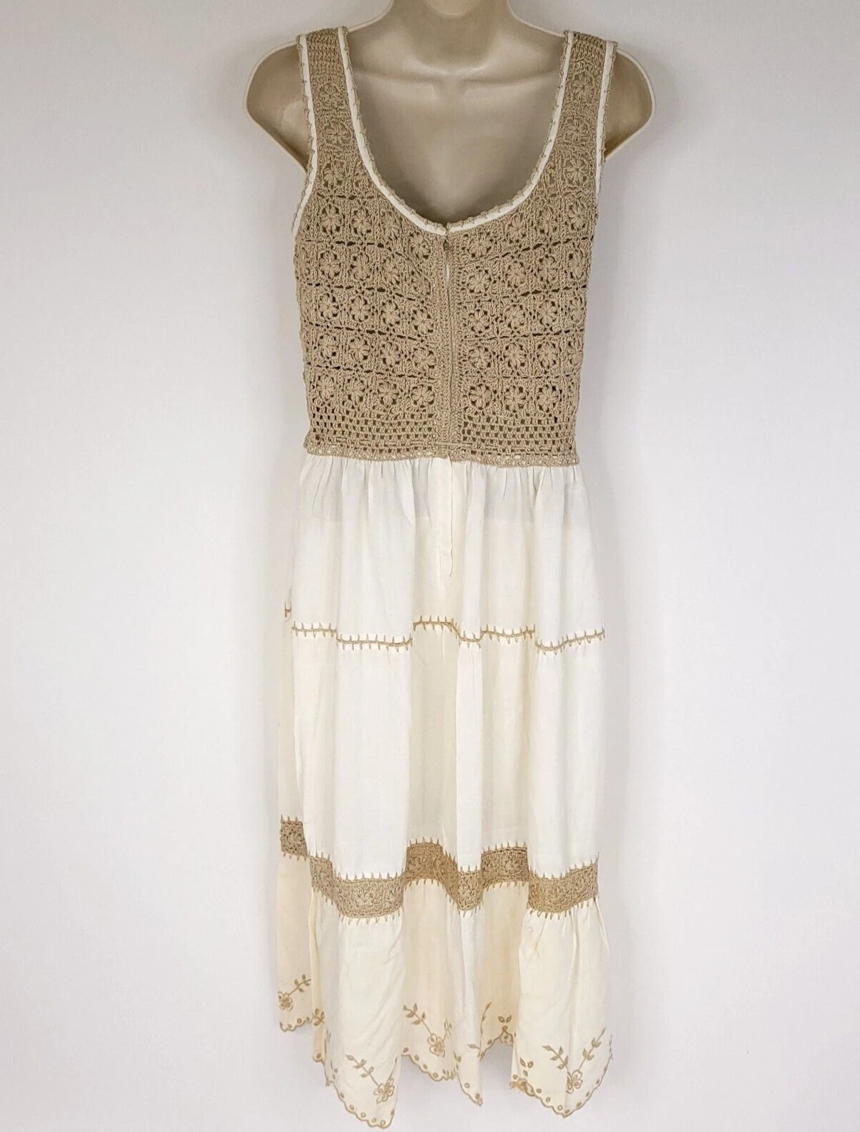 OFF WHITE Abito vintage uncinetto donna M marrone bianco sporco floreale senza maniche ricamato LEGGI