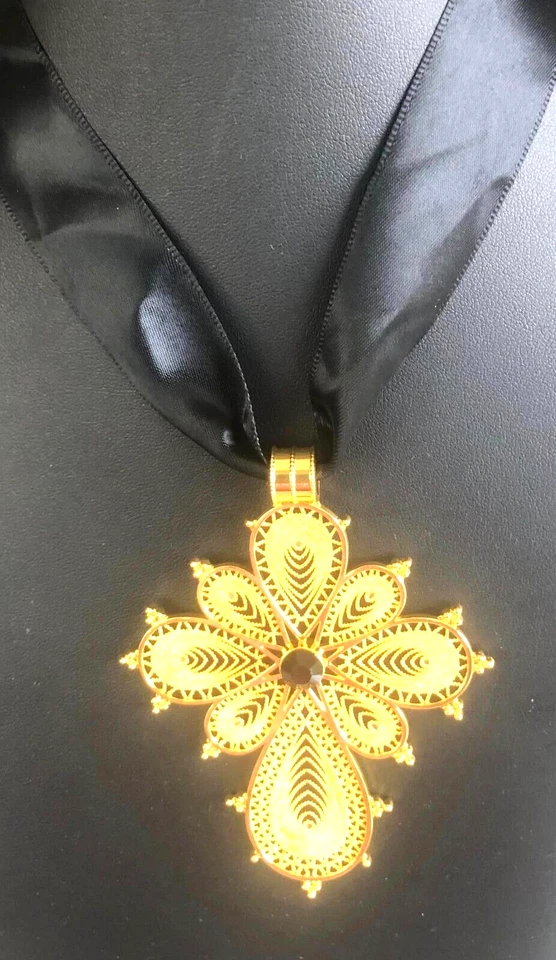 Gold Plated Cross Filigree Pendant / Black Rope Chain / Velvet Bag - Image 3 of 4