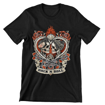 T-Shirt Rock N Roll Love Oldschool Bedruckt Forever Skull Rockabilly Flames F38
